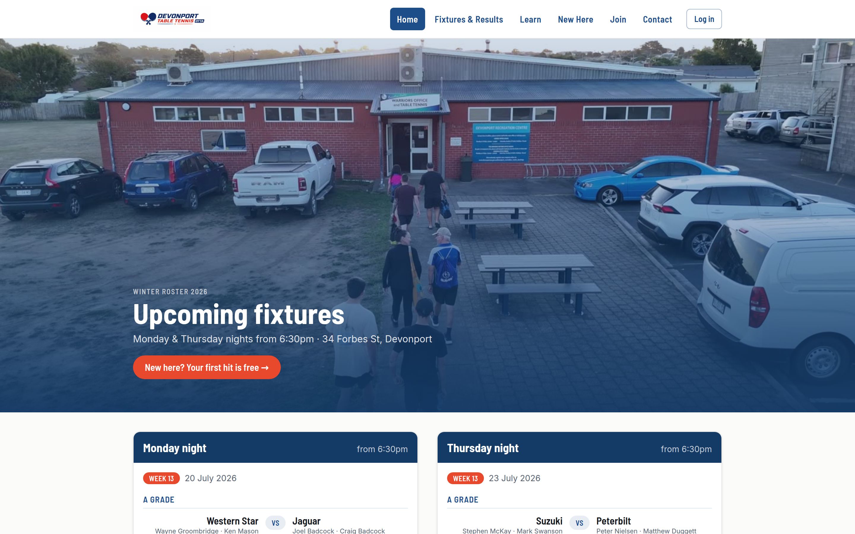 The Devonport Table Tennis club software on a laptop, showing the week's upcoming fixtures